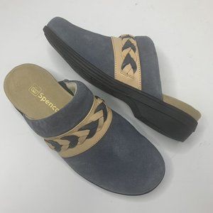 Spenco Topanga  Blue Tan Braided Suede Slip On Comfort Mule Clogs